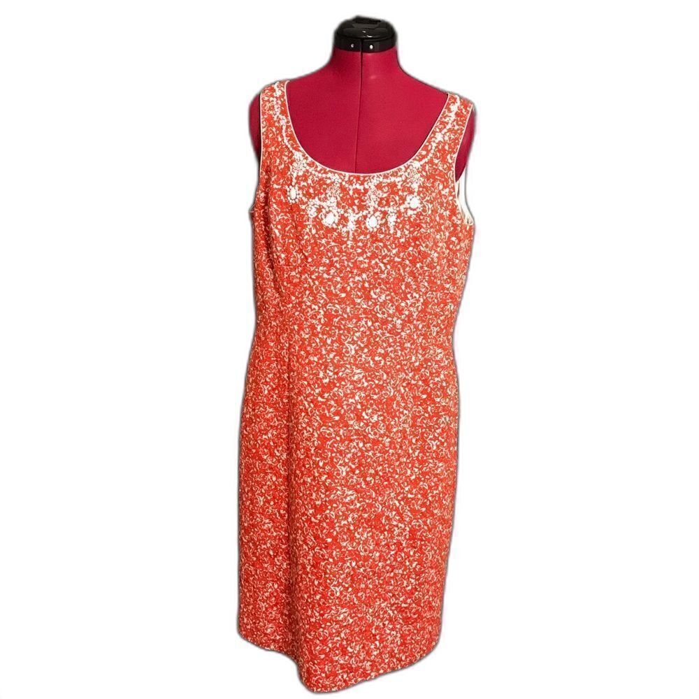 Tahari Dress Women’s Size 12 Orange & White Sleeveless Beaded Bodice Cotton